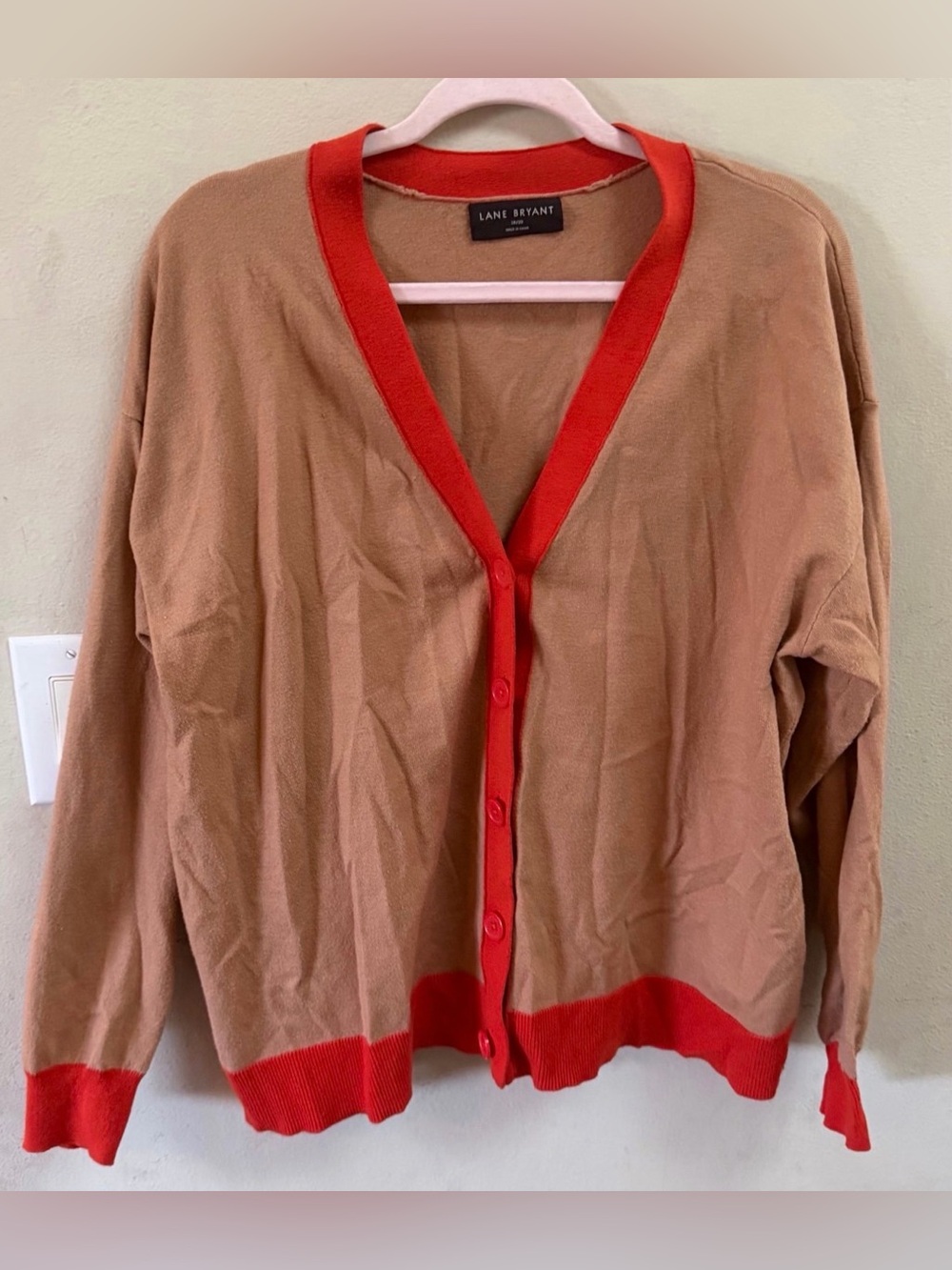 Lane Bryant Tan and Red V-Neck Button Cardigan Sweater size 18/20